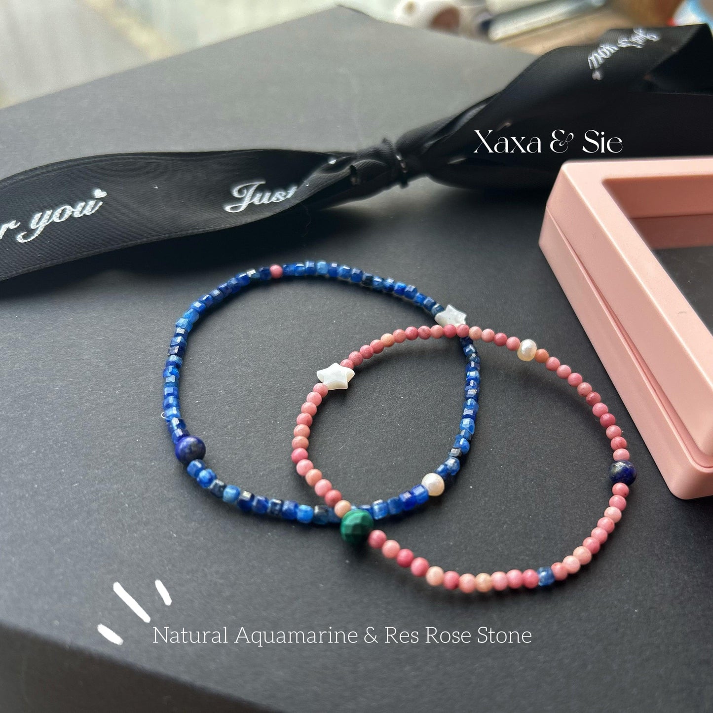 Elegant matching couple bracelets with natural aquamarine and rose gemstones, symbolizing love and connection.