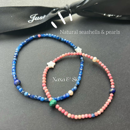 Beautifully handcrafted beaded bracelets designed for couples, featuring natural aquamarine and rose gemstones