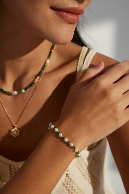 Elegant Emerald Preal Necklace & Gold Bracelet Set – Charm women Jewelry - Xaxa&Sie